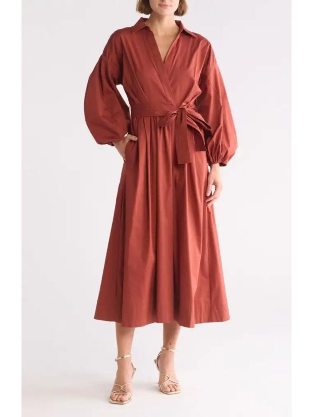 Mila Mae Long Sleeve Stretch Cotton Poplin Midi Dress Terracotta Brick Orange M